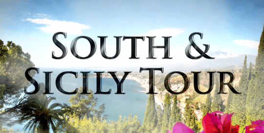 Perillo Tours South Italy and Sicily Tour thumbnail features landscape view of the Sicilian cost line a view point one would see while on a South & Sicily Perillo Tour, words in foreground read; SOUTH & SICILY TOUR (video production by Merging Media).