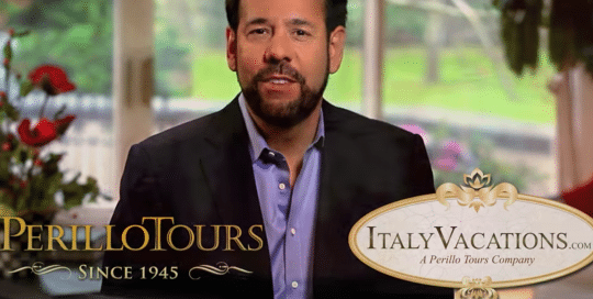 Perillo Tours 2 Travel Styles Commercial shows Steve Perillo sitting for an interview for the Perillo Tours 2 Travel Styles Commercial words below him read; Perillo Tours Since 1945; ItalyVacations.com A Perillo Tours Company (video production by Merging Media).