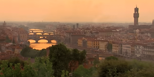 Perillo Tours Trade Pop Ups commercial shows a beautiful areal view of the Arno river running through Florence, Italy and it's infamous Ponte Vecchio bridge (video production by Merging Media).