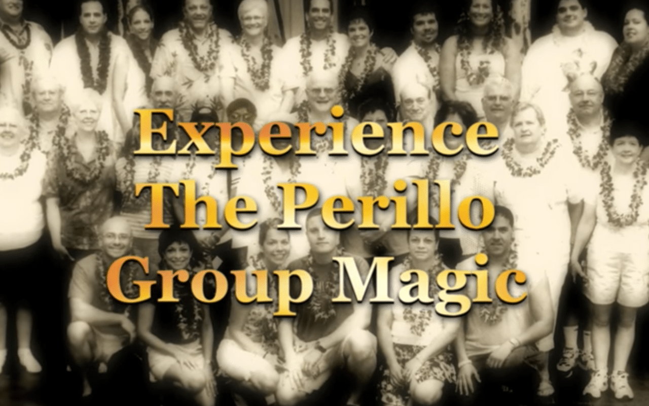 Perillo Tours Hawaii Group Magic provides an insight to the benefit of a Perillo Group tour, video thumbnail is a black and white group shot of tourist all wearing traditional Hawaiian leis (video production by Merging Media).