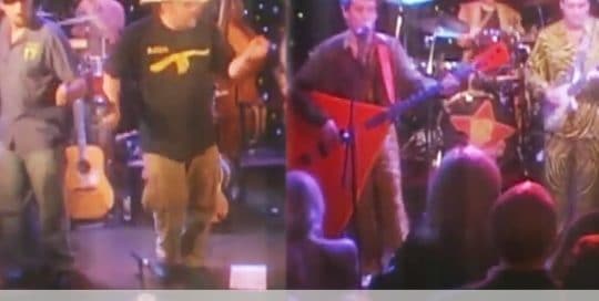 Live at Club Cafe Episode 11 thumbnail features split screen of two musical artists in action, Asylum Street Spankers on the left while Red Elvis is on the right, performing on the stage of Club Cafe in Pittsburgh, Pennslyvania (video production by Merging Media).