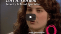 USWeb Lucent Technologies video thumbnail is a close up of a young woman with dark wavy hair, title above claims her to be, Lori A. Gordon, Security & Fraud Specialist; words below read; Lucent Technologies.