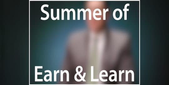 Mayor Peduto Earn and Learn campaign; Blurred figure of a man in a suit sitting in front of a very dark blue background, the large word in the foreground in white text reads; Summer of Earn & Learn (video produced by Merging Media).