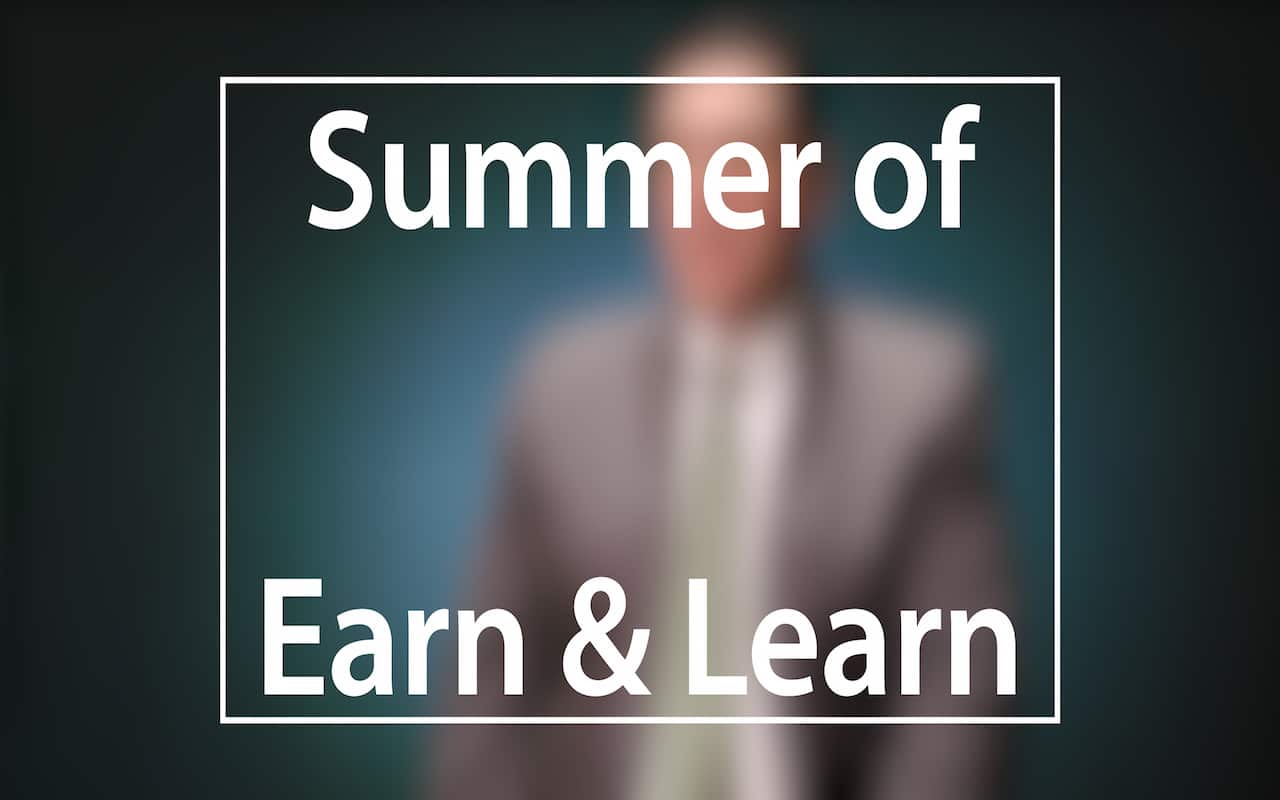 Mayor Peduto Earn and Learn campaign; Blurred figure of a man in a suit sitting in front of a very dark blue background, the large word in the foreground in white text reads; Summer of Earn & Learn (video produced by Merging Media).