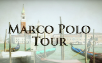 Perillo Tours Marco Polo Tour thumbnail features a muted backdrop of traditional gondolas docked in Venice, Italy, words in the foreground read; MARCO POLO TOUR (video production by Merging Media).