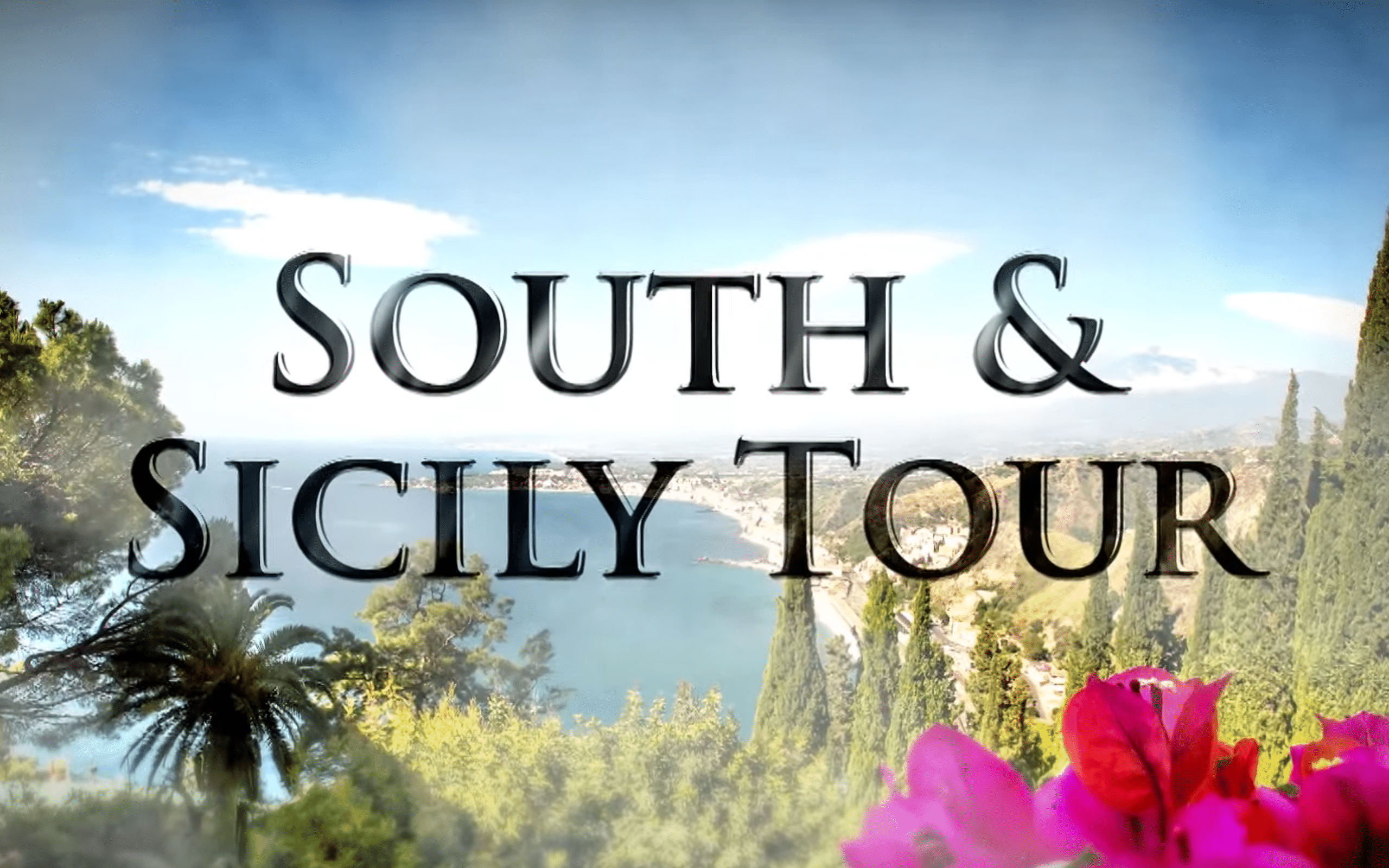 Perillo Tours South Italy and Sicily Tour thumbnail features landscape view of the Sicilian cost line a view point one would see while on a South & Sicily Perillo Tour, words in foreground read; SOUTH & SICILY TOUR (video production by Merging Media).