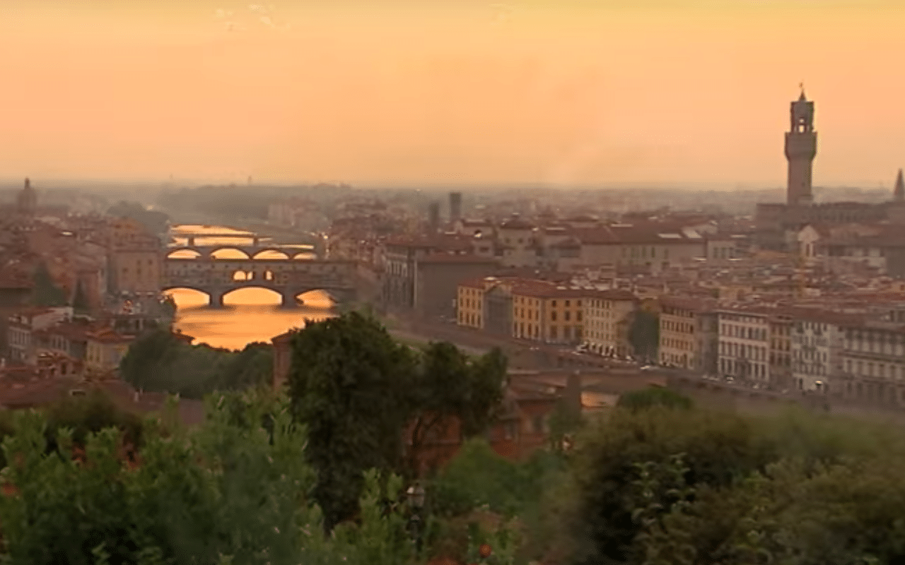 Perillo Tours Trade Pop Ups commercial shows a beautiful areal view of the Arno river running through Florence, Italy and it's infamous Ponte Vecchio bridge (video production by Merging Media).