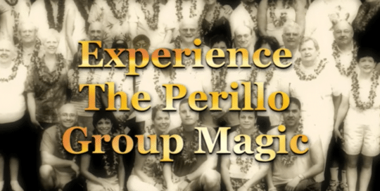 Perillo Tours Hawaii Group Magic provides an insight to the benefit of a Perillo Group tour, video thumbnail is a black and white group shot of tourist all wearing traditional Hawaiian leis (video production by Merging Media).