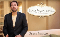 Perillo Tours Italy Vacations Commercial features Steve Perillo standing in his black sport coat and buttercream button down next to a word bubble that reads, ItalyVacations.com, A Perillo Tours Company (video produced by Merging Media).