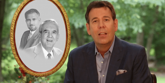 (Steve Perillo) Man in a sports jacket and grey button up against a backdrop of lush trees, sits next to a old family photo in this commercial for Perillo Tours 70 Years (video produced by Merging Media).