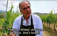 Perillo Tours Tuscany Wine Tasting Tour video thumbnail view an older gentleman within the grape vines in an Italian vineyard, words beneath him express his dialog with Perillo Tour tourist reads; Poetry, Fantasy, and Love always. Don't forget, (video production by Merging Media).
