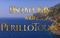Beautiful backdrop of an Italian shoreline with text reading; Discover Italy with Perillo Tours for their most famous commercial for Perillo Tours Discover Italy tour (video production by Merging Media)