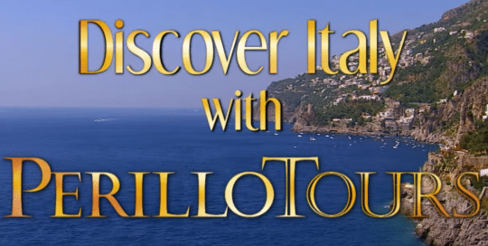 Beautiful backdrop of an Italian shoreline with text reading; Discover Italy with Perillo Tours for their most famous commercial for Perillo Tours Discover Italy tour (video production by Merging Media)