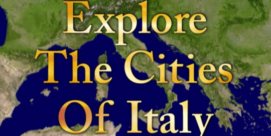 Perillo Tours Cities of Italy video thumbnail depicts a global view map of Italy, words in foreground read; Explore The Cities Of Italy (video production by Merging Media).