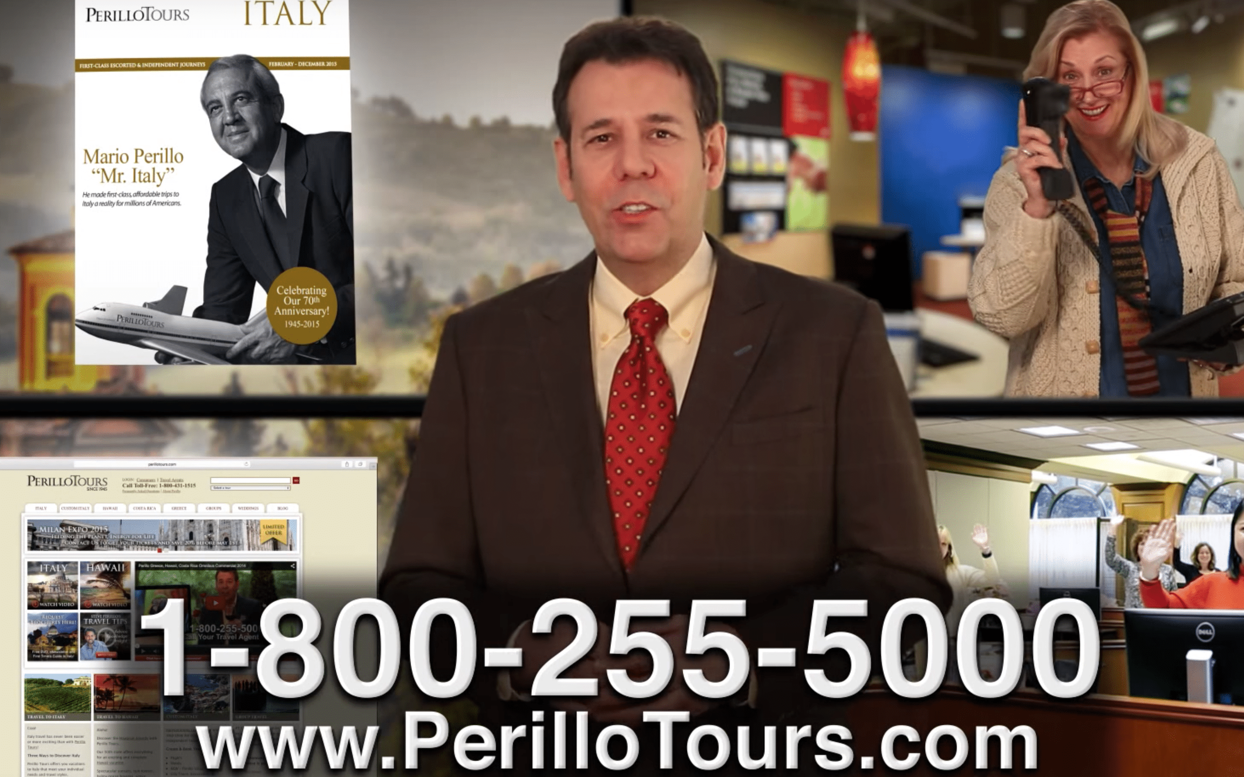 Perillo Tours So Many Ways Commercial, Steve Perillo stands in front of a backdrop collage of images of Mario Perillos book, screen shot of Perillo Tours website, and in action office shots (video production by Merging Media).