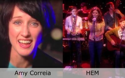 Split screen of two music artists to preform on the stage of Club Cafe in Pittsburgh, Pennsylvania, Amy Correia on the left and HEM on the right (video production by Merging Media).