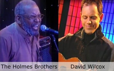 Live at Club Cafe Episode 4 features split screen of two musical artists in action, David Wilcox on the right and The Holmes Brothers on the left, performing on the stage of Club Cafe in Pittsburgh, Pennslyvania (video production by Merging Media).