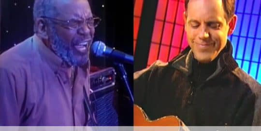 Live at Club Cafe Episode 4 features split screen of two musical artists in action, David Wilcox on the right and The Holmes Brothers on the left, performing on the stage of Club Cafe in Pittsburgh, Pennslyvania (video production by Merging Media).