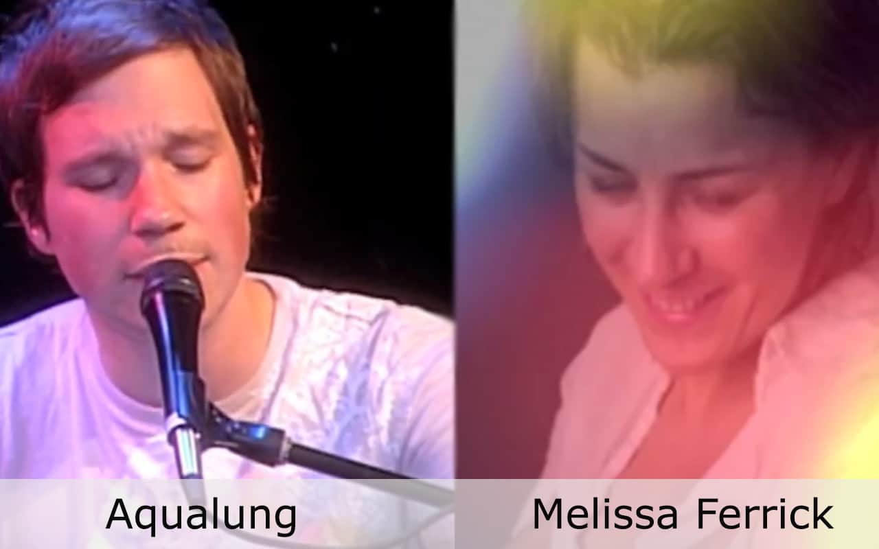 Live at Club Cafe Episode 10 features split screen of two musical artists in action, Aqualung on the left while Melissa Ferrick is on the right, performing on the stage of Club Cafe in Pittsburgh, Pennslyvania (video production by Merging Media).